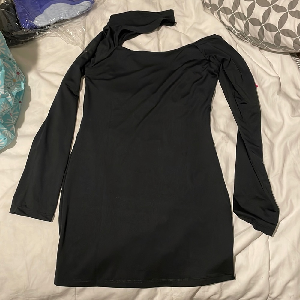 Black mini dress, long sleeve with a half turtle neck